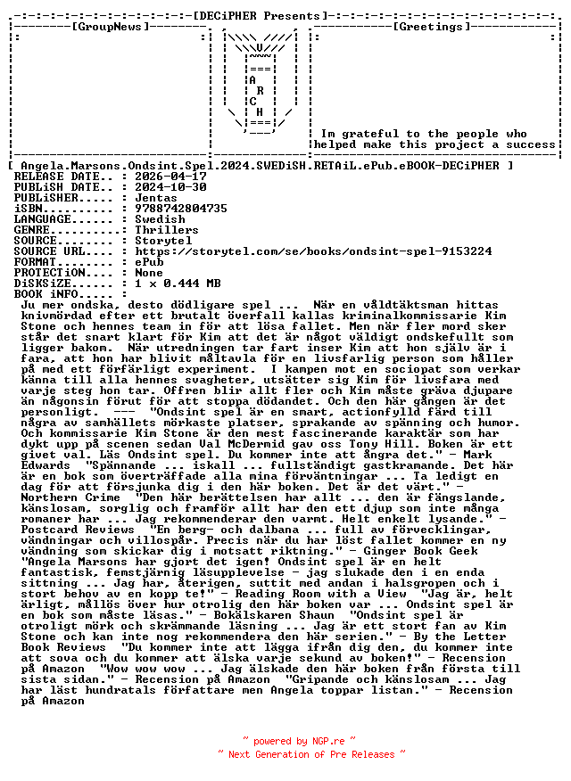 NFO for the release Angela.Marsons.Ondsint.Spel.2024.SWEDiSH.RETAiL.ePub.eBOOK-DECiPHER by DECiPHER