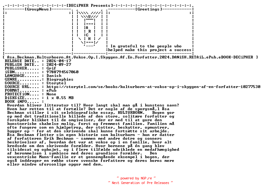 NFO for the release Asa.Beckman.Kulturboern.At.Vokse.Op.I.Skyggen.Af.En.Forfatter.2024.DANiSH.RETAiL.ePub.eBOOK-DECiPHER by DECiPHER