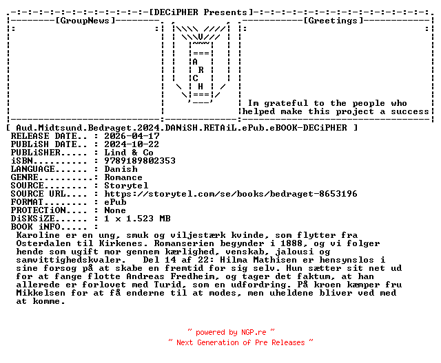 NFO for the release Aud.Midtsund.Bedraget.2024.DANiSH.RETAiL.ePub.eBOOK-DECiPHER by DECiPHER