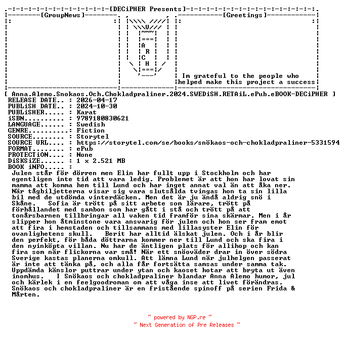 NFO for the release Anna.Alemo.Snokaos.Och.Chokladpraliner.2024.SWEDiSH.RETAiL.ePub.eBOOK-DECiPHER by DECiPHER