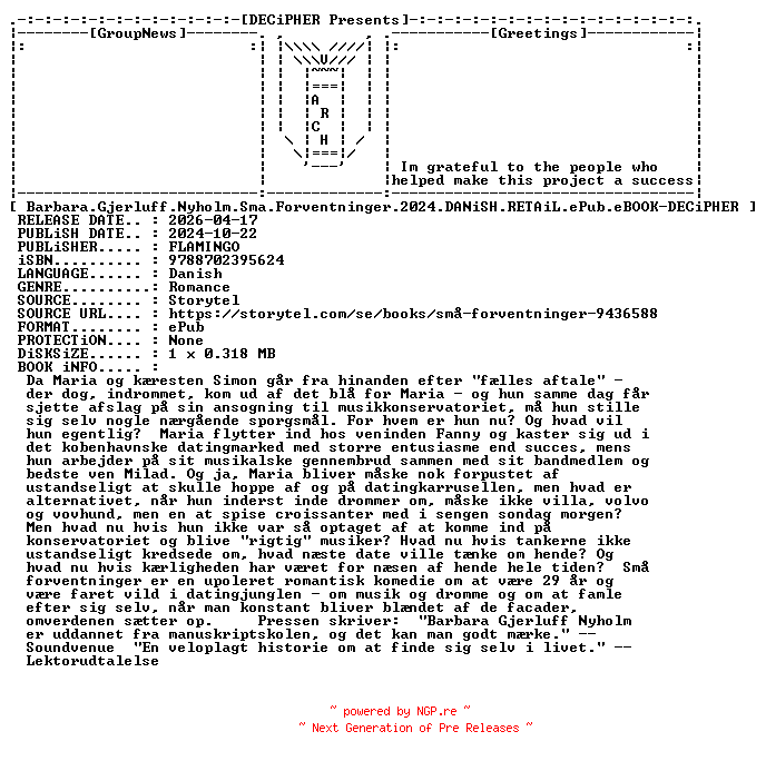 NFO for the release Barbara.Gjerluff.Nyholm.Sma.Forventninger.2024.DANiSH.RETAiL.ePub.eBOOK-DECiPHER by DECiPHER