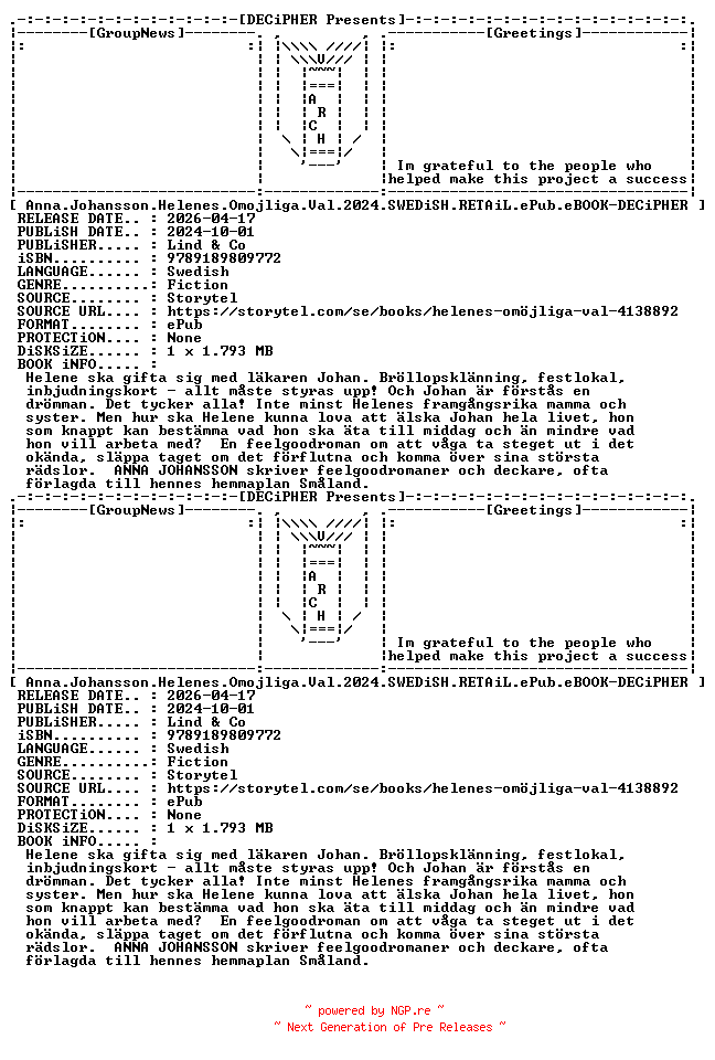 NFO for the release Anna.Johansson.Helenes.Omojliga.Val.2024.SWEDiSH.RETAiL.ePub.eBOOK-DECiPHER by DECiPHER