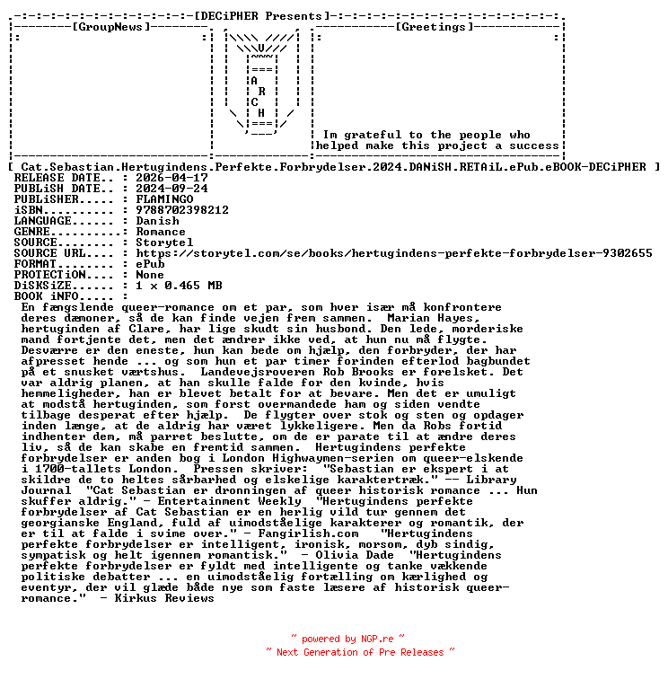 NFO for the release Cat.Sebastian.Hertugindens.Perfekte.Forbrydelser.2024.DANiSH.RETAiL.ePub.eBOOK-DECiPHER by DECiPHER