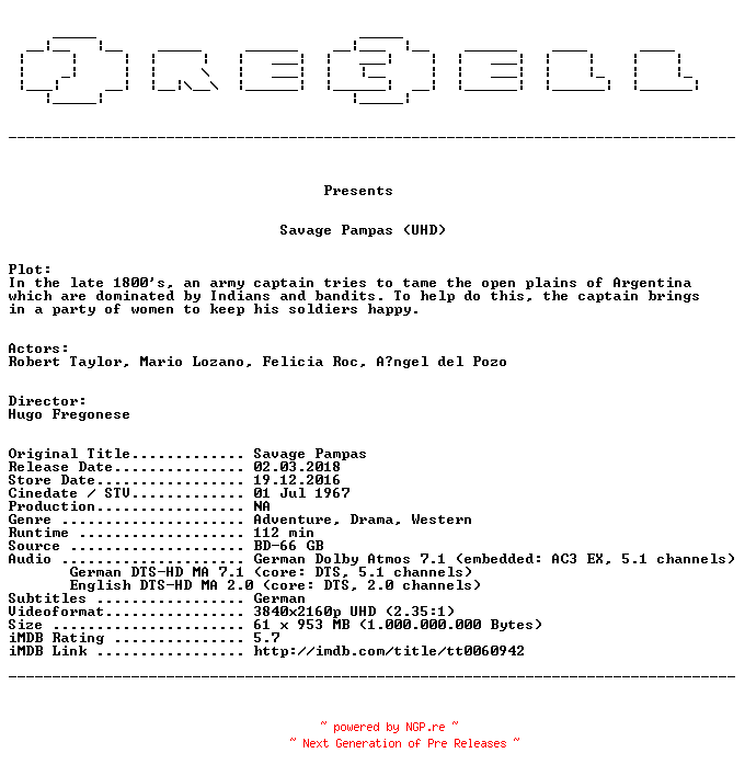 NFO for the release Savage.Pampas.1966.MULTi.COMPLETE.UHD.BLURAY-PRECELL by PRECELL