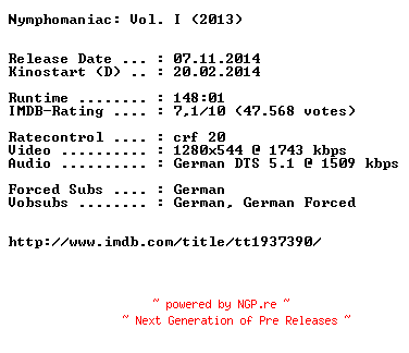 NFO for the release Nymphomaniac.Vol.I.Directors.Cut.German.720p.BluRay.x264-EXQUiSiTE by EXQUiSiTE