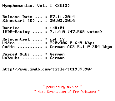 NFO for the release Nymphomaniac.Vol.I.Directors.Cut.German.BDRiP.x264-EXQUiSiTE by EXQUiSiTE