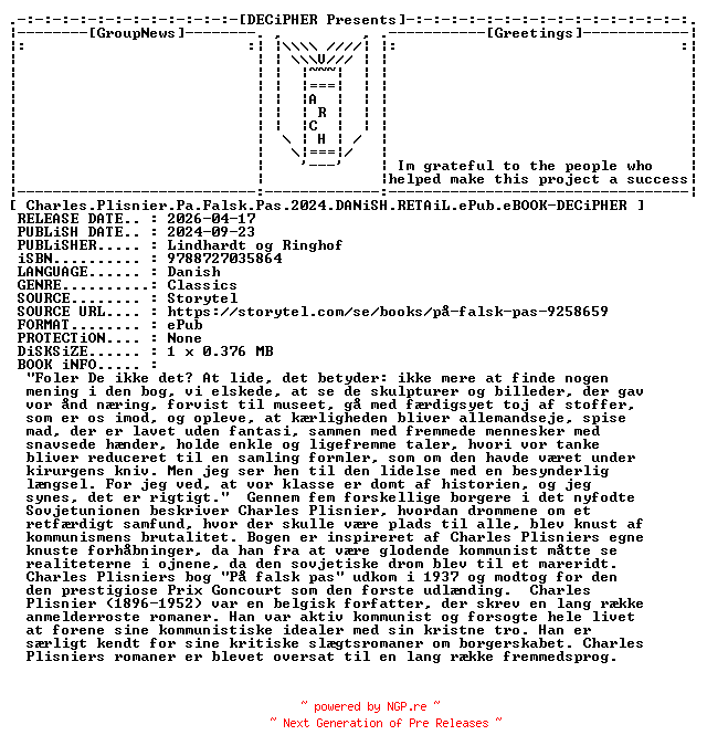 NFO for the release Charles.Plisnier.Pa.Falsk.Pas.2024.DANiSH.RETAiL.ePub.eBOOK-DECiPHER by DECiPHER