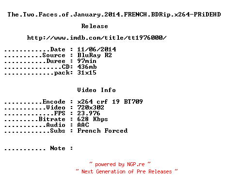NFO for the release The.Two.Faces.of.January.2014.FRENCH.BDRip.x264-PRiDEHD by PRiDEHD