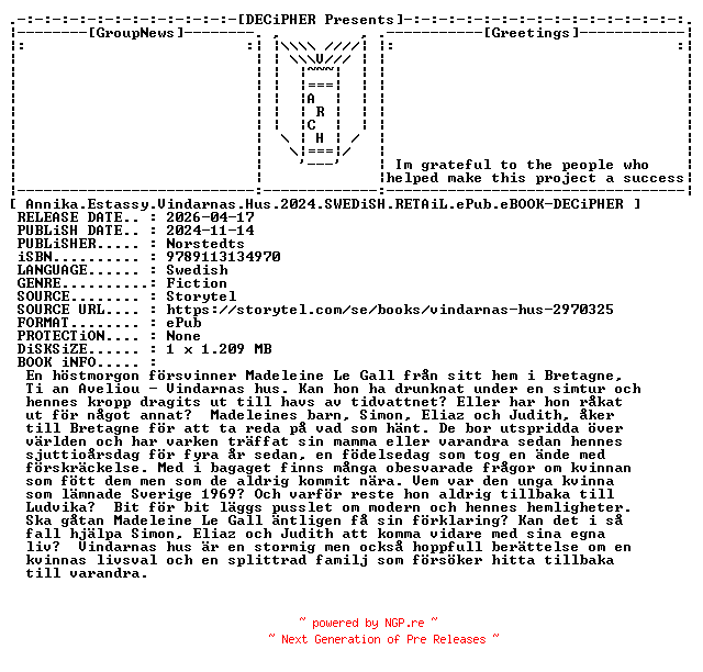NFO for the release Annika.Estassy.Vindarnas.Hus.2024.SWEDiSH.RETAiL.ePub.eBOOK-DECiPHER by DECiPHER
