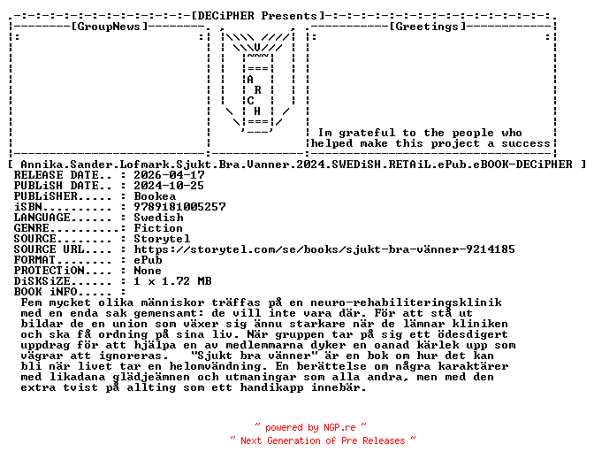 NFO for the release Annika.Sander.Lofmark.Sjukt.Bra.Vanner.2024.SWEDiSH.RETAiL.ePub.eBOOK-DECiPHER by DECiPHER