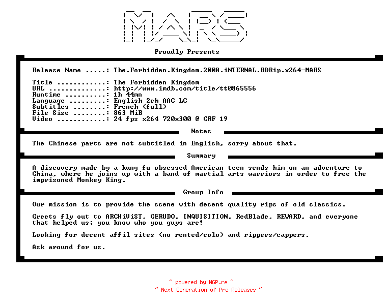 NFO for the release The.Forbidden.Kingdom.2008.iNTERNAL.BDRip.x264-MARS by MARS