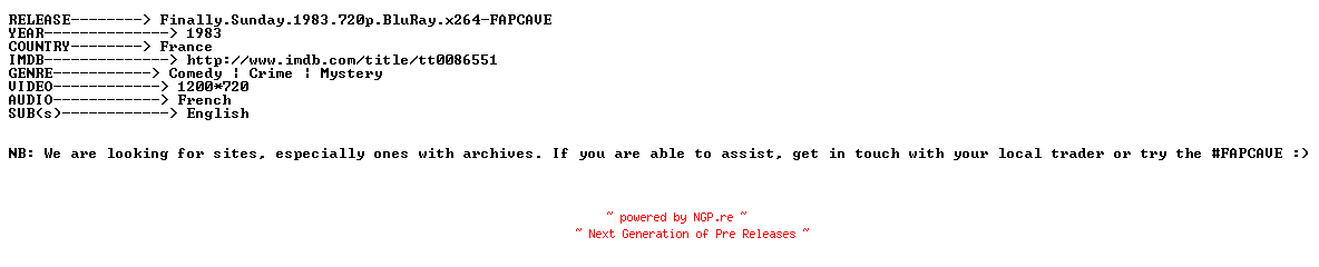 NFO for the release Finally.Sunday.1983.720p.BluRay.x264-FAPCAVE by FAPCAVE