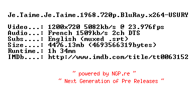 NFO for the release Je.Taime.Je.Taime.1968.720p.BluRay.x264-USURY by USURY