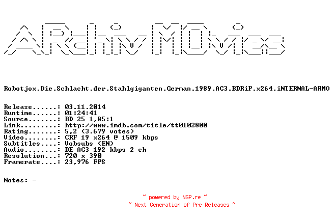 NFO for the release Robotjox.Die.Schlacht.der.Stahlgiganten.German.1989.AC3.BDRiP.x264.iNTERNAL-ARMO by ARMO