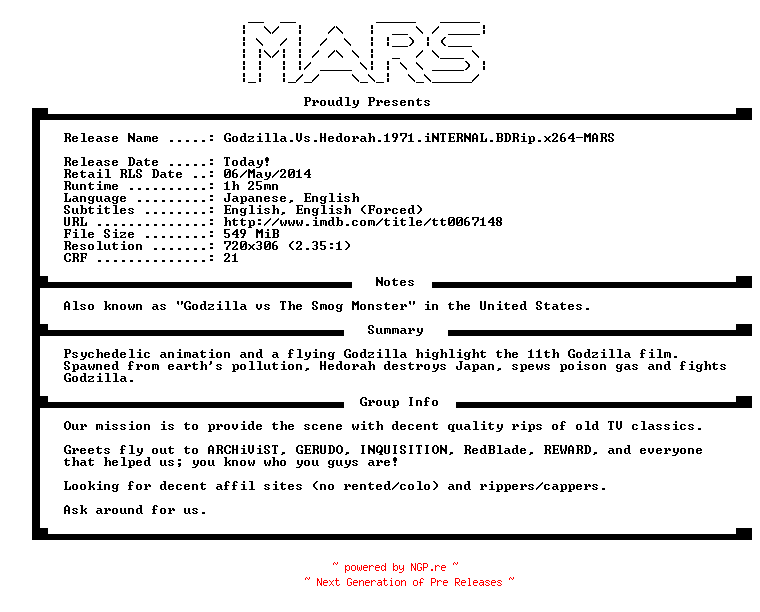 NFO for the release Godzilla.Vs.Hedorah.1971.iNTERNAL.BDRip.x264-MARS by MARS