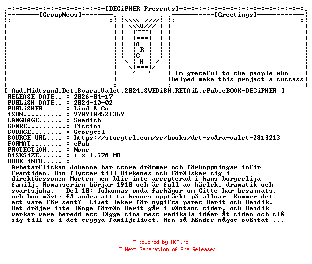 NFO for the release Aud.Midtsund.Det.Svara.Valet.2024.SWEDiSH.RETAiL.ePub.eBOOK-DECiPHER by DECiPHER