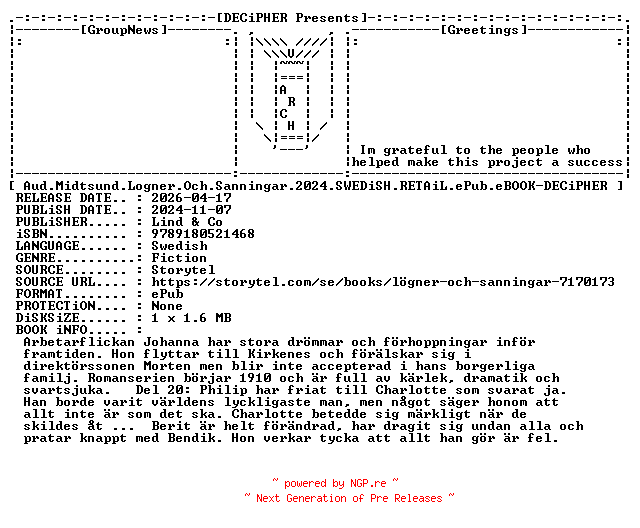 NFO for the release Aud.Midtsund.Logner.Och.Sanningar.2024.SWEDiSH.RETAiL.ePub.eBOOK-DECiPHER by DECiPHER