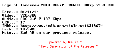 NFO for the release Edge.of.Tomorrow.2014.RERiP.FRENCH.BDRip.x264-RUDE by RUDE