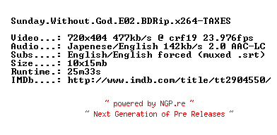 NFO for the release Sunday.Without.God.E02.BDRip.x264-TAXES by TAXES
