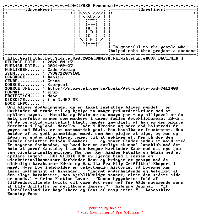 NFO for the release Elly.Griffiths.Det.Sidste.Ord.2024.DANiSH.RETAiL.ePub.eBOOK-DECiPHER by DECiPHER