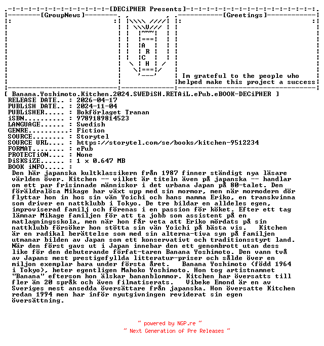 NFO for the release Banana.Yoshimoto.Kitchen.2024.SWEDiSH.RETAiL.ePub.eBOOK-DECiPHER by DECiPHER