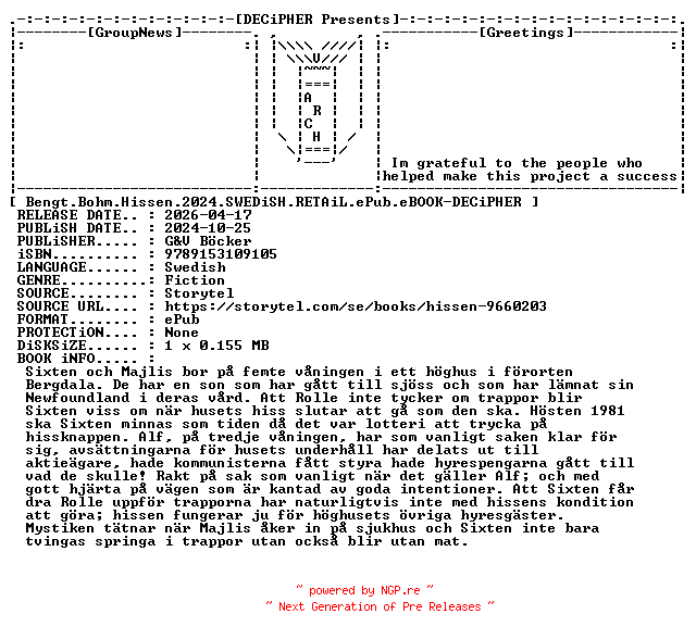 NFO for the release Bengt.Bohm.Hissen.2024.SWEDiSH.RETAiL.ePub.eBOOK-DECiPHER by DECiPHER