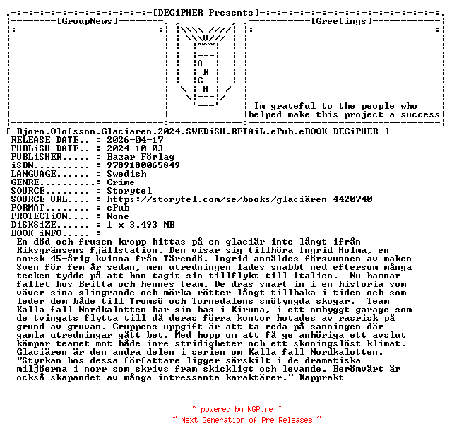 NFO for the release Bjorn.Olofsson.Glaciaren.2024.SWEDiSH.RETAiL.ePub.eBOOK-DECiPHER by DECiPHER