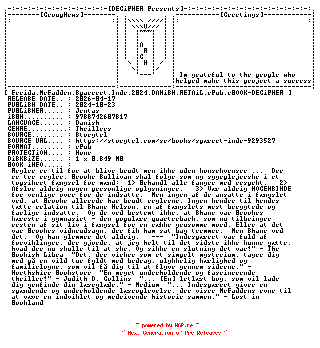 NFO for the release Freida.McFadden.Spaerret.Inde.2024.DANiSH.RETAiL.ePub.eBOOK-DECiPHER by DECiPHER