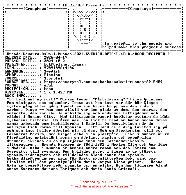 NFO for the release Brenda.Navarro.Aska.I.Munnen.2024.SWEDiSH.RETAiL.ePub.eBOOK-DECiPHER by DECiPHER