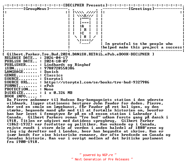 NFO for the release Gilbert.Parker.Tre.Bud.2024.DANiSH.RETAiL.ePub.eBOOK-DECiPHER by DECiPHER