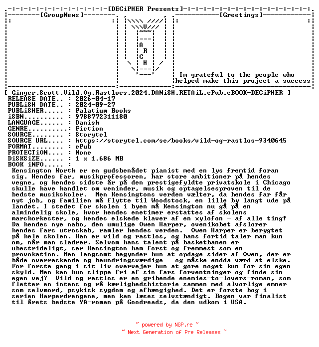 NFO for the release Ginger.Scott.Vild.Og.Rastloes.2024.DANiSH.RETAiL.ePub.eBOOK-DECiPHER by DECiPHER