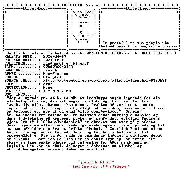 NFO for the release Gottlieb.Poulsen.Alkoholvidenskab.2024.DANiSH.RETAiL.ePub.eBOOK-DECiPHER by DECiPHER