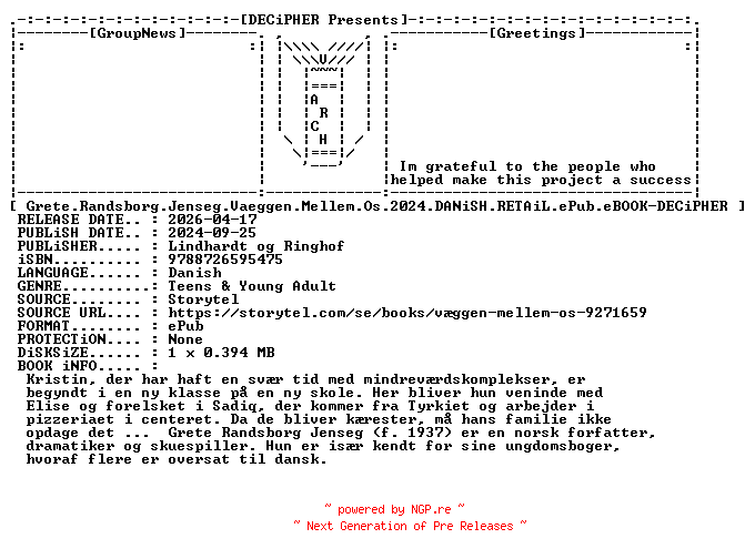 NFO for the release Grete.Randsborg.Jenseg.Vaeggen.Mellem.Os.2024.DANiSH.RETAiL.ePub.eBOOK-DECiPHER by DECiPHER