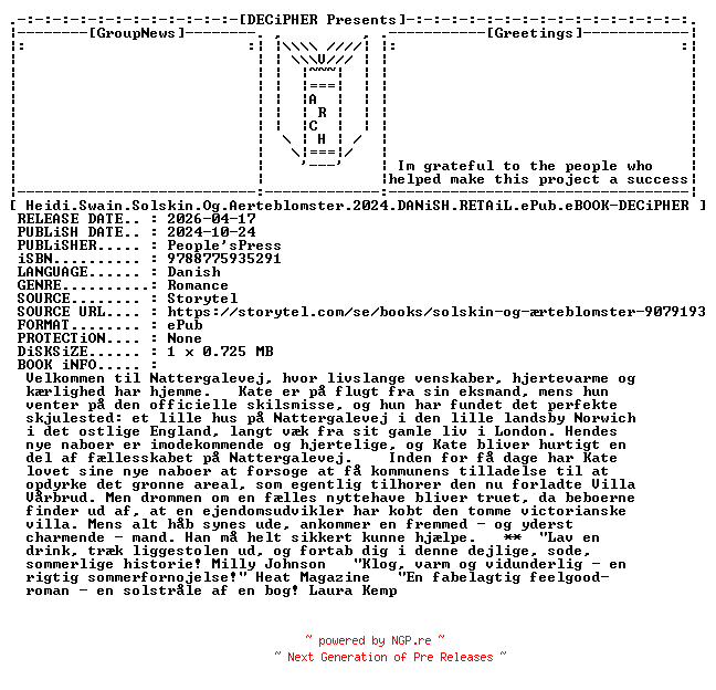 NFO for the release Heidi.Swain.Solskin.Og.Aerteblomster.2024.DANiSH.RETAiL.ePub.eBOOK-DECiPHER by DECiPHER