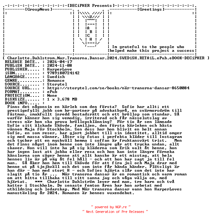 NFO for the release Charlotte.Dahlstrom.Nar.Tranorna.Dansar.2024.SWEDiSH.RETAiL.ePub.eBOOK-DECiPHER by DECiPHER