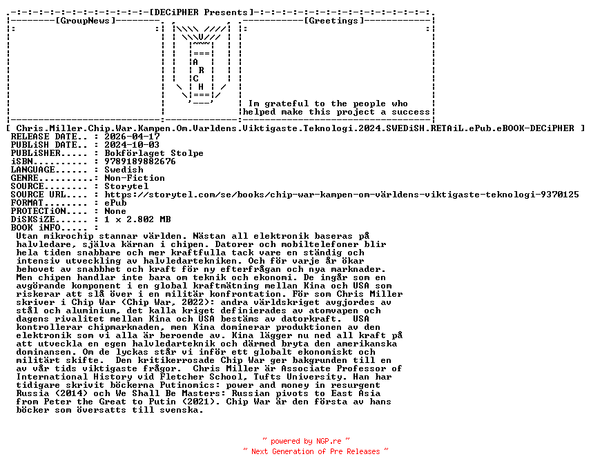 NFO for the release Chris.Miller.Chip.War.Kampen.Om.Varldens.Viktigaste.Teknologi.2024.SWEDiSH.RETAiL.ePub.eBOOK-DECiPHER by DECiPHER