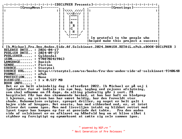 NFO for the release Ib.Michael.Fra.Den.Anden.Side.Af.Solskinnet.2024.DANiSH.RETAiL.ePub.eBOOK-DECiPHER by DECiPHER