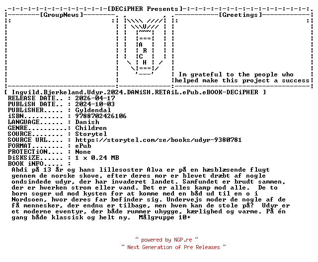 NFO for the release Ingvild.Bjerkeland.Udyr.2024.DANiSH.RETAiL.ePub.eBOOK-DECiPHER by DECiPHER