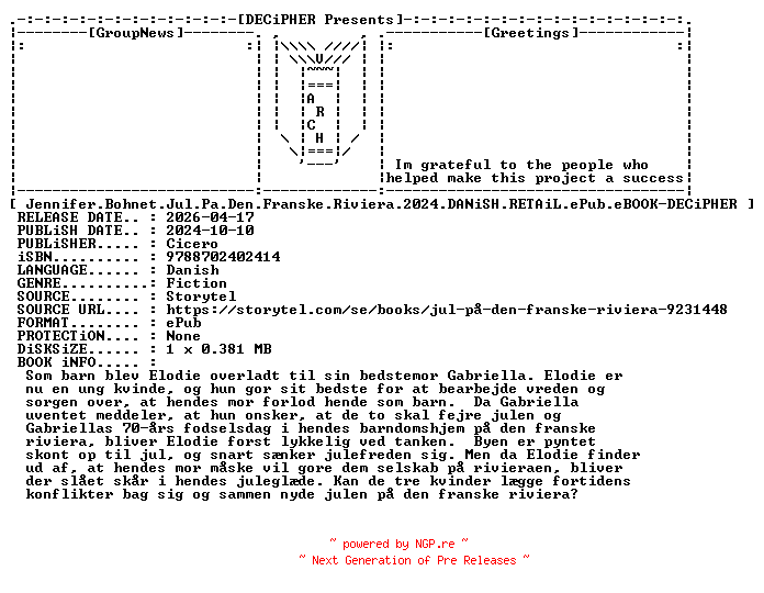 NFO for the release Jennifer.Bohnet.Jul.Pa.Den.Franske.Riviera.2024.DANiSH.RETAiL.ePub.eBOOK-DECiPHER by DECiPHER