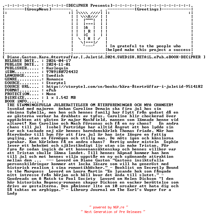 NFO for the release Diane.Gaston.Kara.Atertraffar.I.Juletid.2024.SWEDiSH.RETAiL.ePub.eBOOK-DECiPHER by DECiPHER