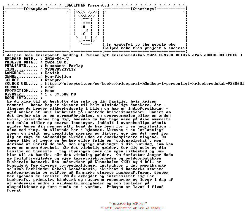 NFO for the release Jesper.Hede.Kriseparat.Handbog.I.Personligt.Kriseberedskab.2024.DANiSH.RETAiL.ePub.eBOOK-DECiPHER by DECiPHER