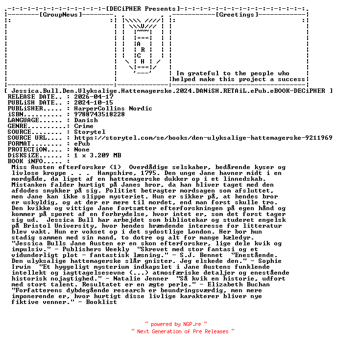 NFO for the release Jessica.Bull.Den.Ulyksalige.Hattemagerske.2024.DANiSH.RETAiL.ePub.eBOOK-DECiPHER by DECiPHER