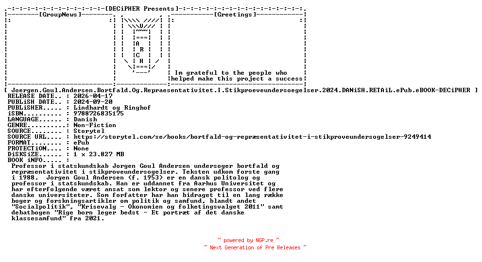 NFO for the release Joergen.Goul.Andersen.Bortfald.Og.Repraesentativitet.I.Stikproeveundersoegelser.2024.DANiSH.RETAiL.ePub.eBOOK-DECiPHER by DECiPHER