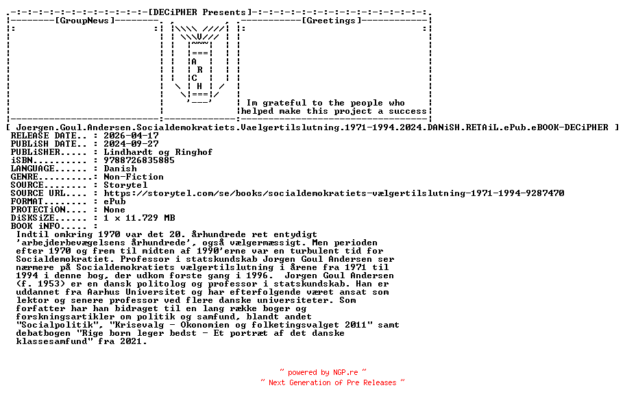 NFO for the release Joergen.Goul.Andersen.Socialdemokratiets.Vaelgertilslutning.1971-1994.2024.DANiSH.RETAiL.ePub.eBOOK-DECiPHER by DECiPHER