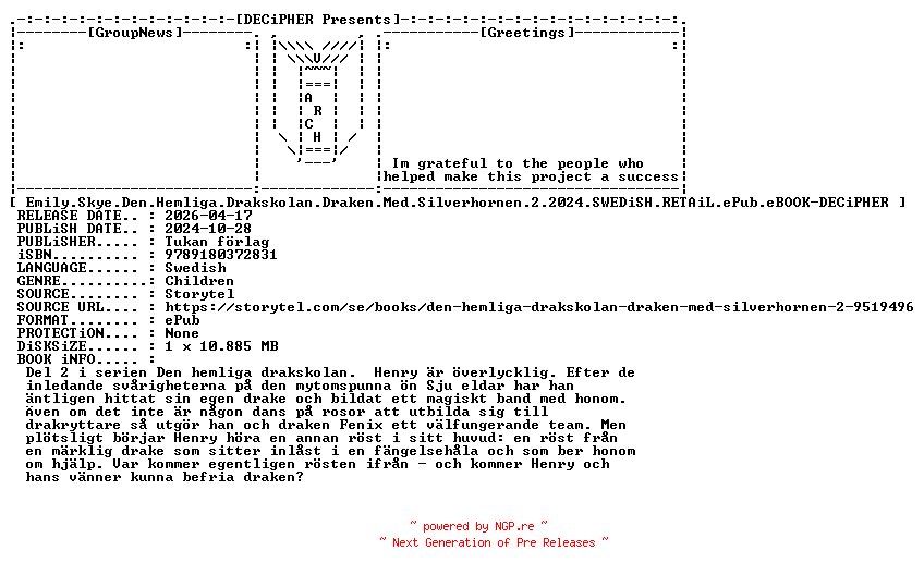 NFO for the release Emily.Skye.Den.Hemliga.Drakskolan.Draken.Med.Silverhornen.2.2024.SWEDiSH.RETAiL.ePub.eBOOK-DECiPHER by DECiPHER