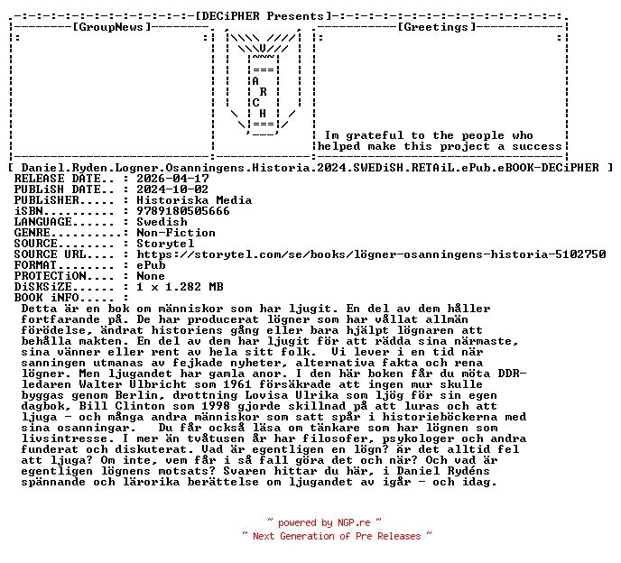 NFO for the release Daniel.Ryden.Logner.Osanningens.Historia.2024.SWEDiSH.RETAiL.ePub.eBOOK-DECiPHER by DECiPHER