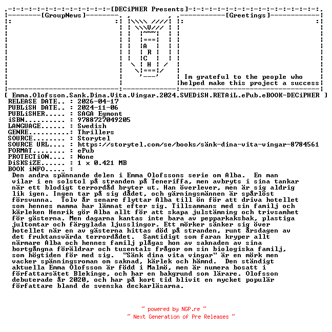 NFO for the release Emma.Olofsson.Sank.Dina.Vita.Vingar.2024.SWEDiSH.RETAiL.ePub.eBOOK-DECiPHER by DECiPHER