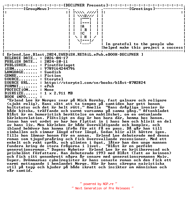 NFO for the release Erlend.Loe.Blast.2024.SWEDiSH.RETAiL.ePub.eBOOK-DECiPHER by DECiPHER