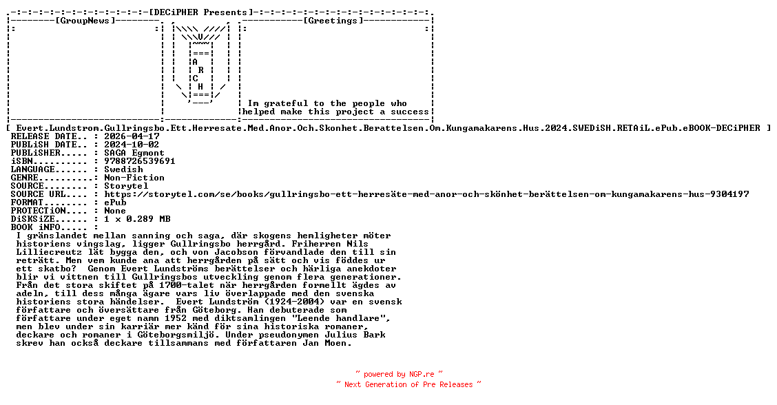 NFO for the release Evert.Lundstrom.Gullringsbo.Ett.Herresate.Med.Anor.Och.Skonhet.Berattelsen.Om.Kungamakarens.Hus.2024.SWEDiSH.RETAiL.ePub.eBOOK-DECiPHER by DECiPHER
