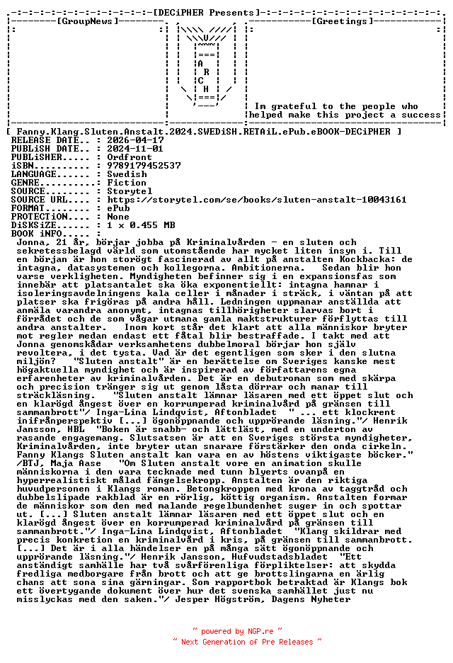 NFO for the release Fanny.Klang.Sluten.Anstalt.2024.SWEDiSH.RETAiL.ePub.eBOOK-DECiPHER by DECiPHER